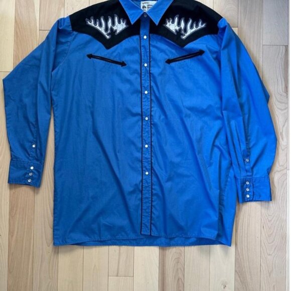 Classic 90s Johnny West western shirt in bold blue with black yoke - Picture 2 of 8